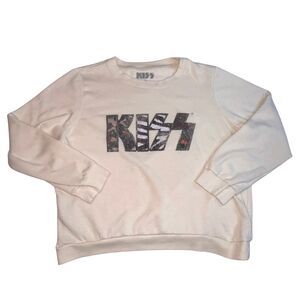 Kiss Band Sweater Womens XL Ivory Indie Alternative Rock Metal Music Sweatshirt
